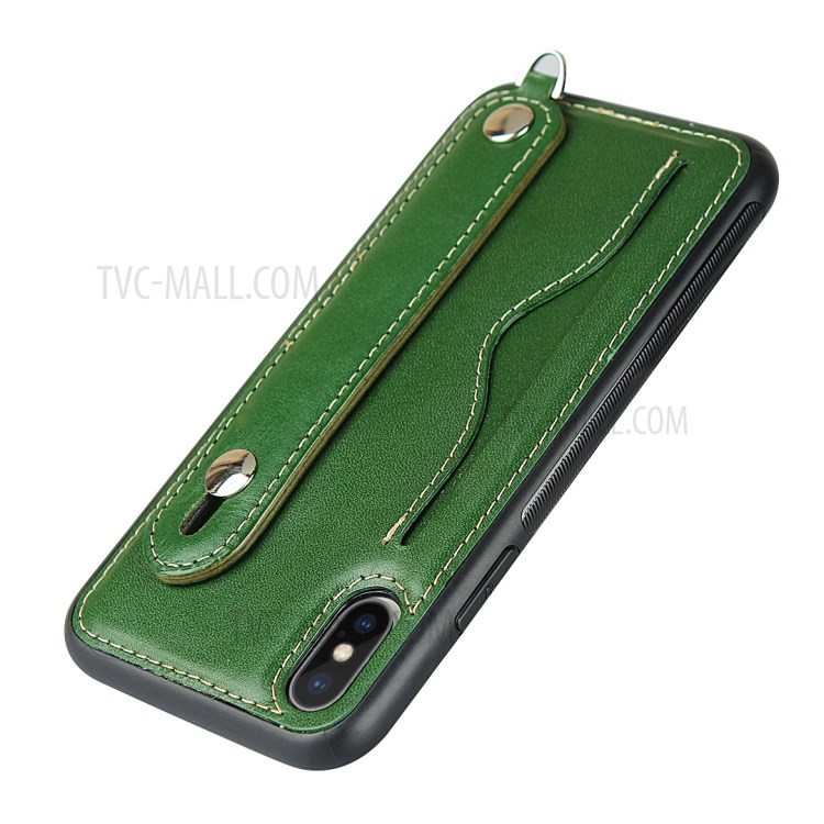 Calhar Cinta Caso TPU Revestidos De Couro Genuíno Com Cordão Titular Do Cartão Para O Iphone XS / X - Verde-7