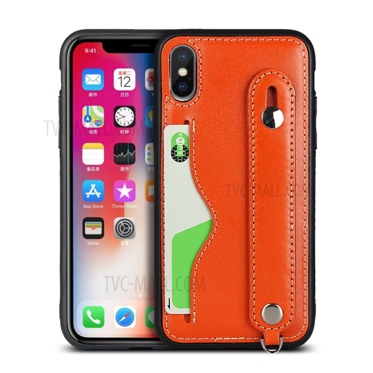 Handy Strap Genuine Leather Coated TPU Case with Card Holder Lanyard for iPhone XS/X - Orange-1