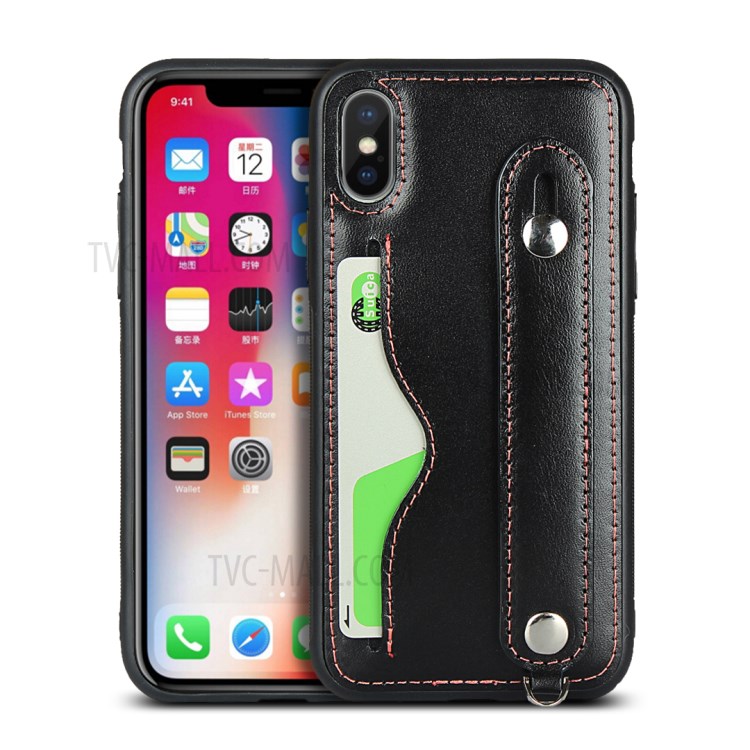 Cuero Recubierto Genuino Cáscara TPU Con Práctico Tarjeta Correa De Cordón Soporte Para Iphone XS Max 6,5 Pulgadas - Negro-1