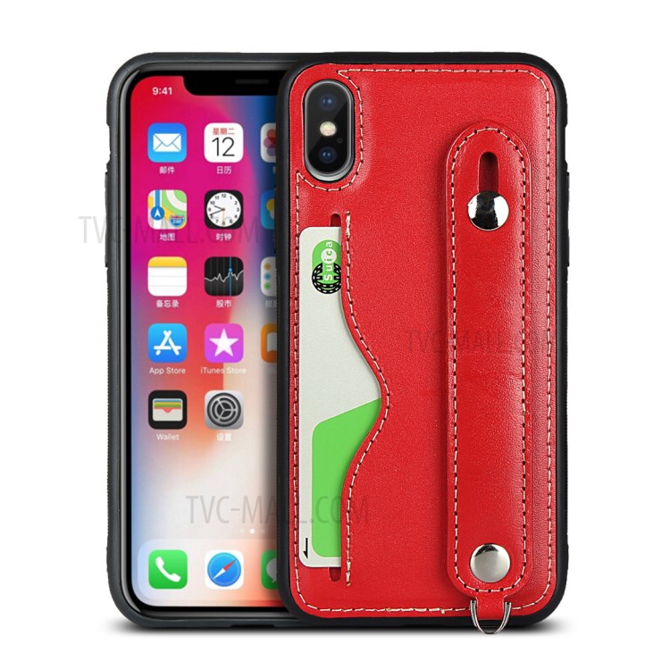 Genuine Leather Coated TPU Shell with Handy Strap Card Holder Lanyard for iPhone XS Max 6.5 inch - Red-1