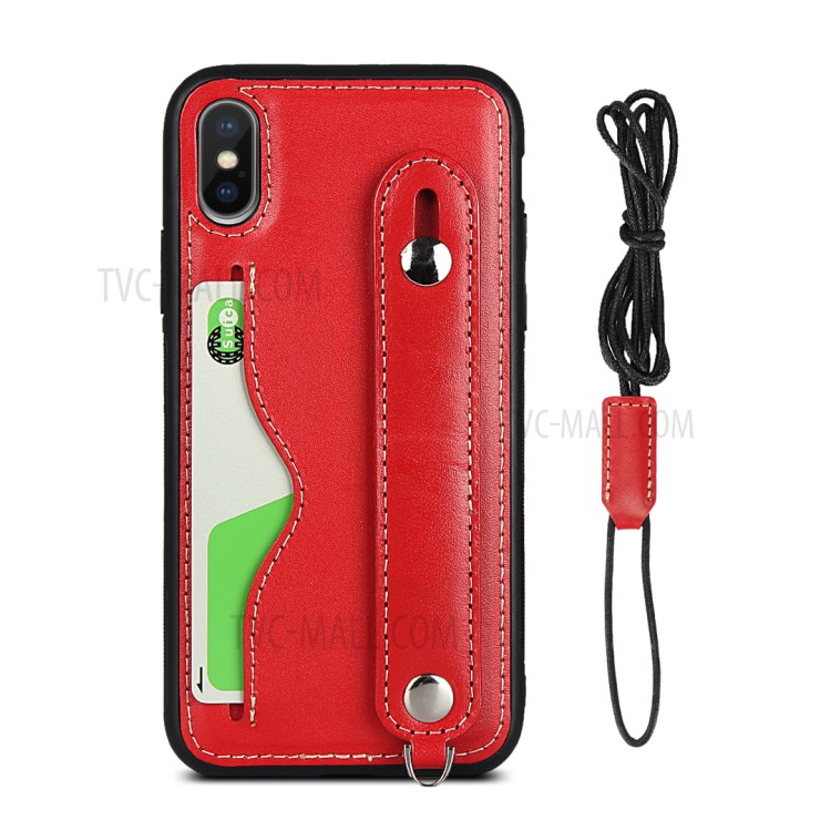 Genuine Leather Coated TPU Shell with Handy Strap Card Holder Lanyard for iPhone XS Max 6.5 inch - Red-2