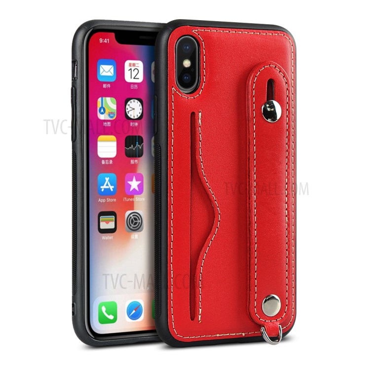 Genuine Leather Coated TPU Shell with Handy Strap Card Holder Lanyard for iPhone XS Max 6.5 inch - Red-3