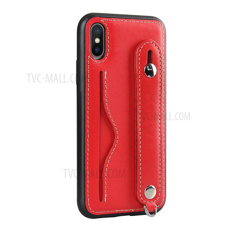 Genuine Leather Coated TPU Shell with Handy Strap Card Holder Lanyard for iPhone XS Max 6.5 inch - Red-5