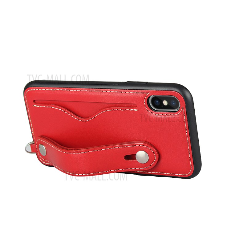 Genuine Leather Coated TPU Shell with Handy Strap Card Holder Lanyard for iPhone XS Max 6.5 inch - Red-6