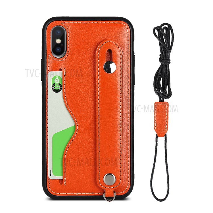 Genuine Leather Coated TPU Shell with Handy Strap Card Holder Lanyard for iPhone XS Max 6.5 inch - Orange-2
