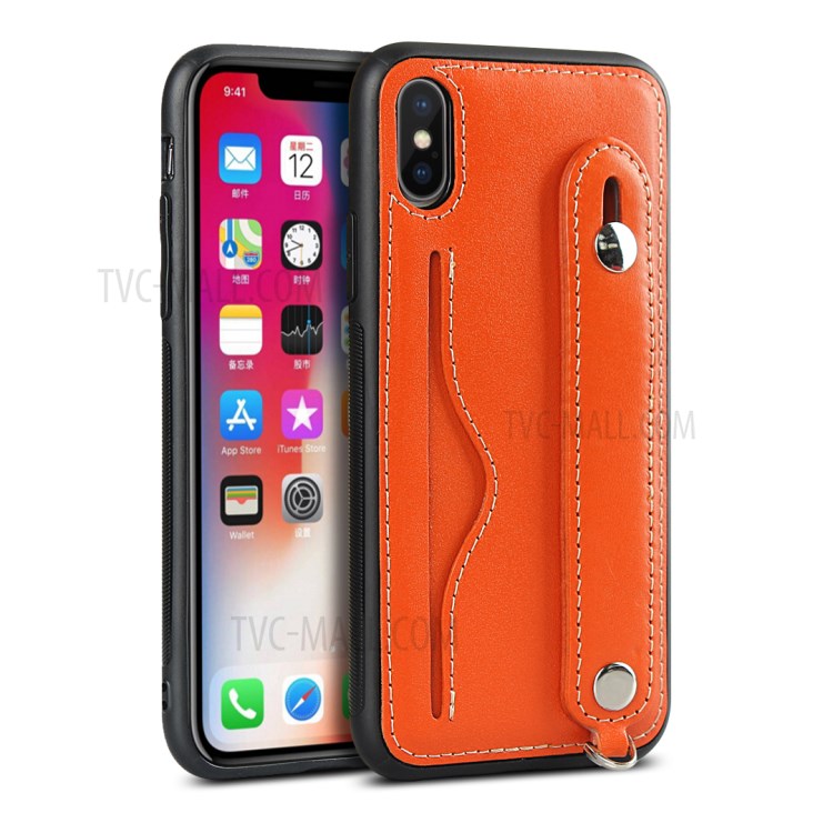 Genuine Leather Coated TPU Shell with Handy Strap Card Holder Lanyard for iPhone XS Max 6.5 inch - Orange-3