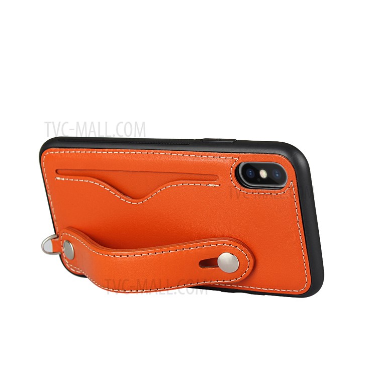 Genuine Leather Coated TPU Shell with Handy Strap Card Holder Lanyard for iPhone XS Max 6.5 inch - Orange-6