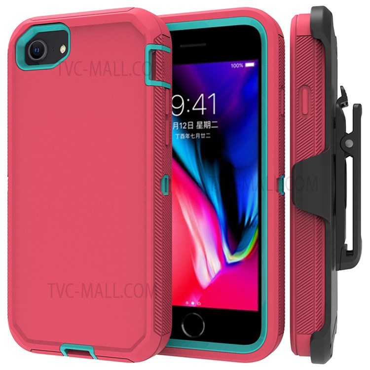 Detachable Shockproof Drop-proof Dust-proof Cover with Belt Clip for iPhone SE (2nd Generation) - Rose / Cyan-1