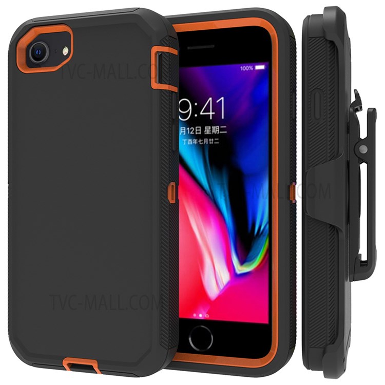 Detachable Shockproof Drop-proof Dust-proof Cover with Belt Clip for iPhone SE (2nd Generation) - Dark Blue / Orange-1