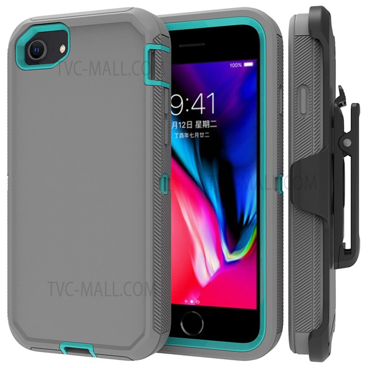 Detachable Shockproof Drop-proof Dust-proof Cover with Belt Clip for iPhone SE (2nd Generation) - Grey / Cyan-1