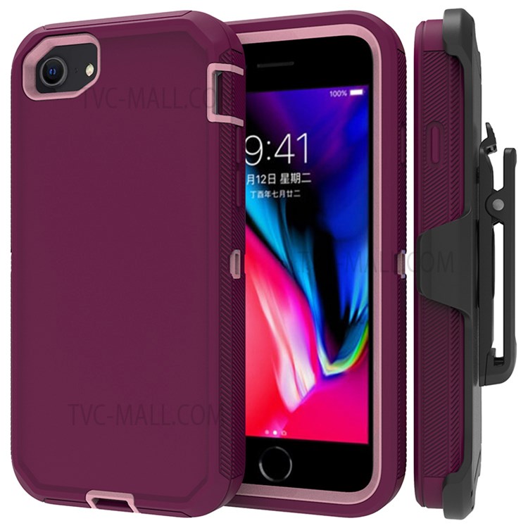 Detachable Shockproof Drop-proof Dust-proof Cover with Belt Clip for iPhone SE (2nd Generation) - Wine Red / Pink-1
