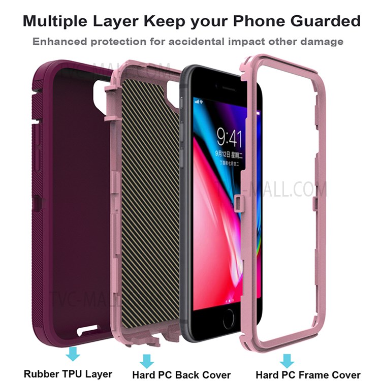 Detachable Shockproof Drop-proof Dust-proof Cover with Belt Clip for iPhone SE (2nd Generation) - Wine Red / Pink-9