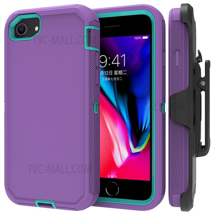 Detachable Shockproof Drop-proof Dust-proof Cover with Belt Clip for iPhone SE (2nd Generation) - Purple / Cyan-1