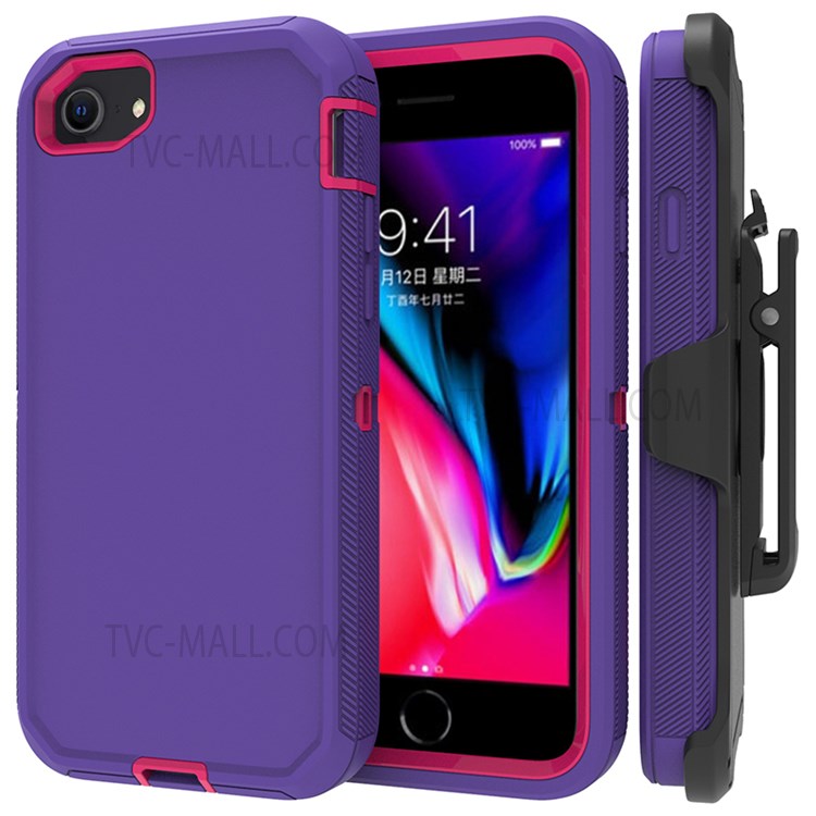 Detachable Shockproof Drop-proof Dust-proof Cover with Belt Clip for iPhone SE (2nd Generation) - Purple / Red-1