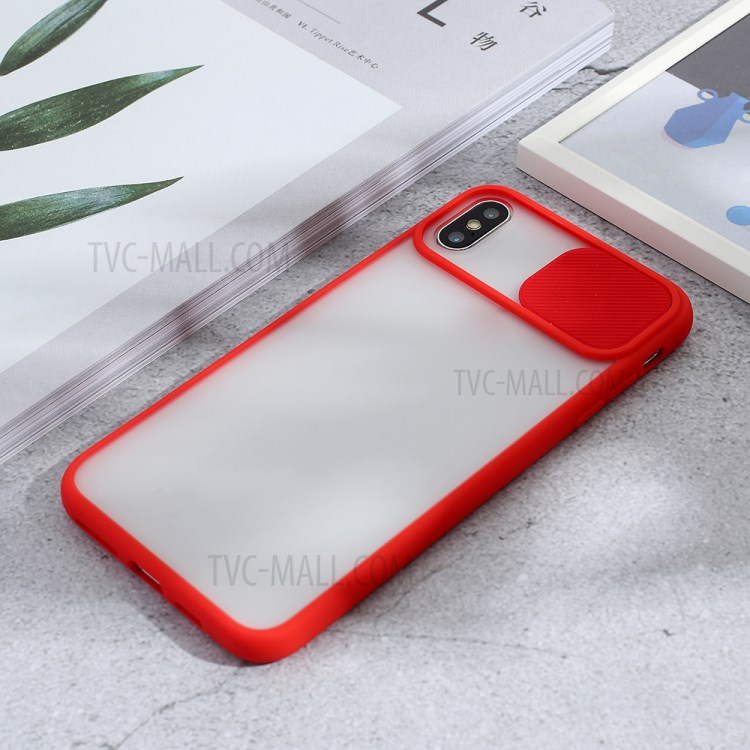 Étui Hybride Matte PC + TPU Avec Couverture de Protection de la Caméra à Glissière Pour Iphone x / xs 5,8 Pouces - Rouge-4