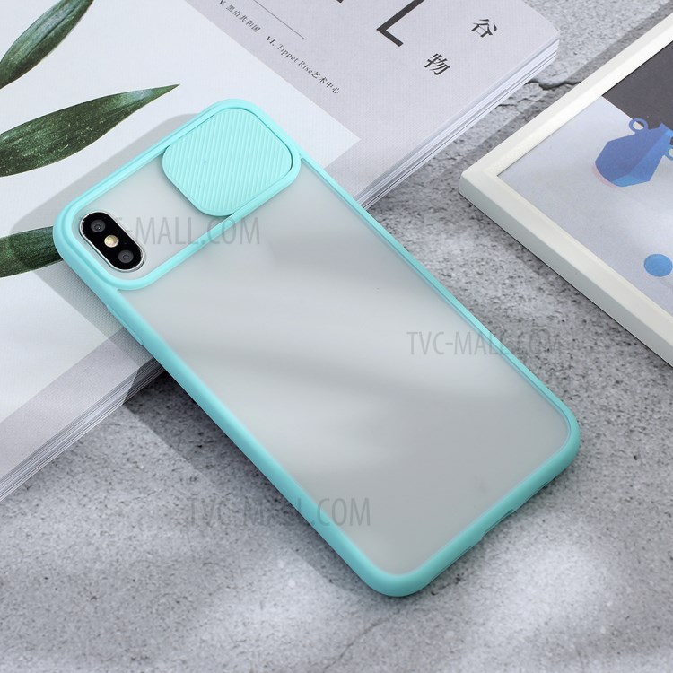 Matte PC + TPU Hybrid Case with Slide Camera Protection Cover for iPhone X/XS 5.8 inch - Cyan-2