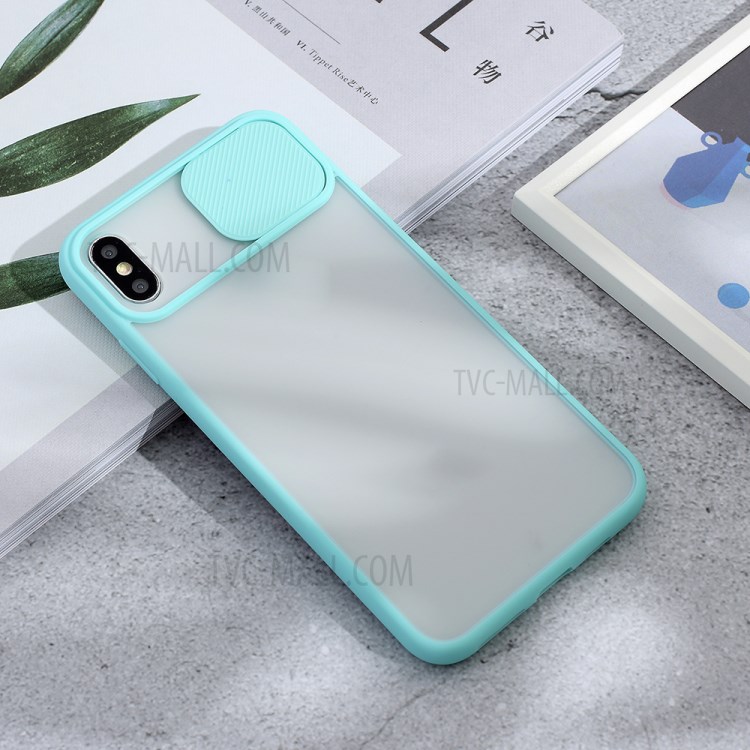 Matte PC + TPU Hybrid Case with Slide Camera Cover for iPhone XS Max 6.5 inch - Cyan-2