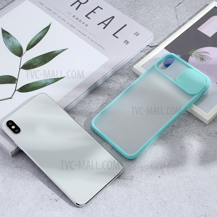Matte PC + TPU Hybrid Case with Slide Camera Cover for iPhone XS Max 6.5 inch - Cyan-6