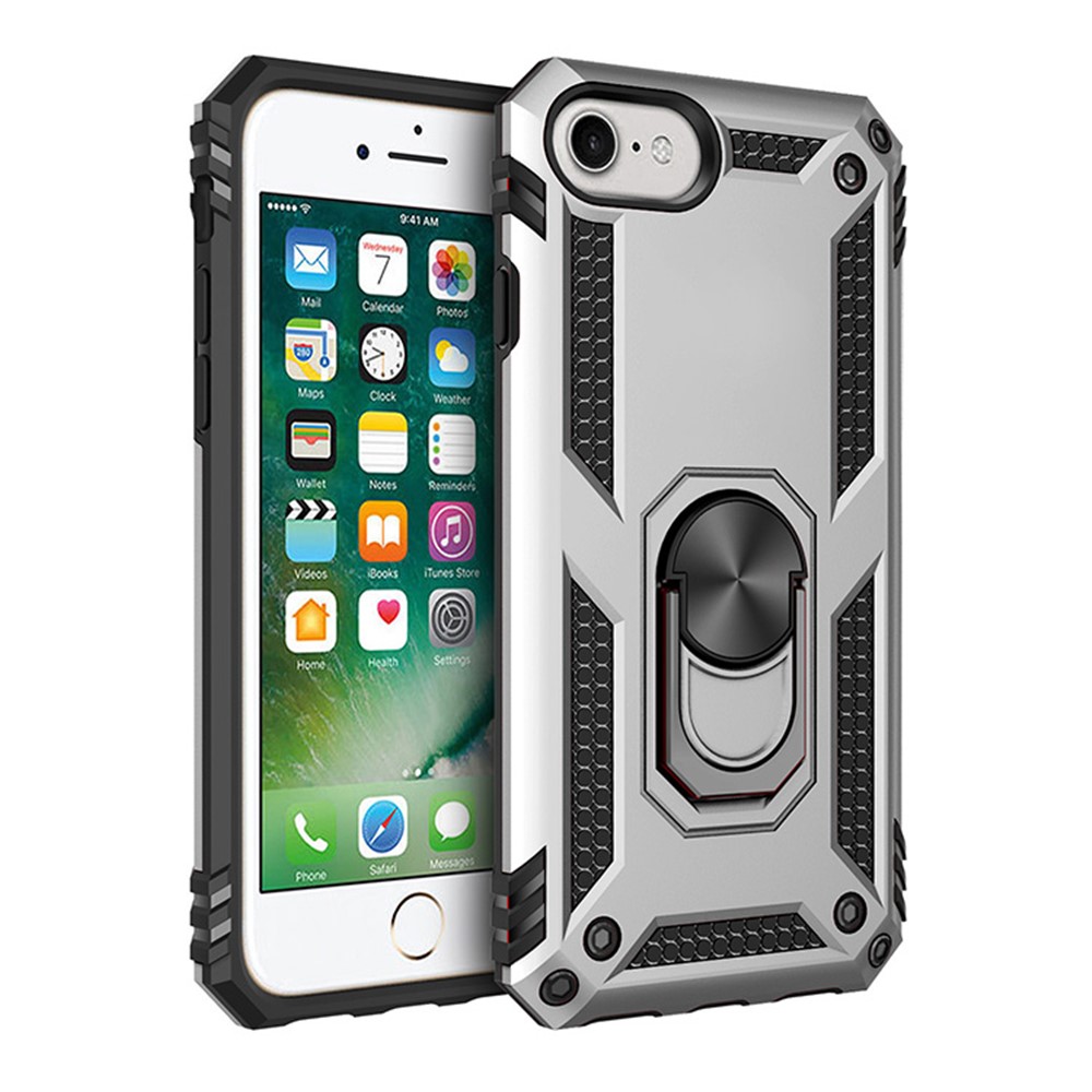 360° Rotatable Ring Kickstand Armor PC+TPU Hybrid Shell for iPhone SE (2nd Generation)/iPhone 8/7 - Silver