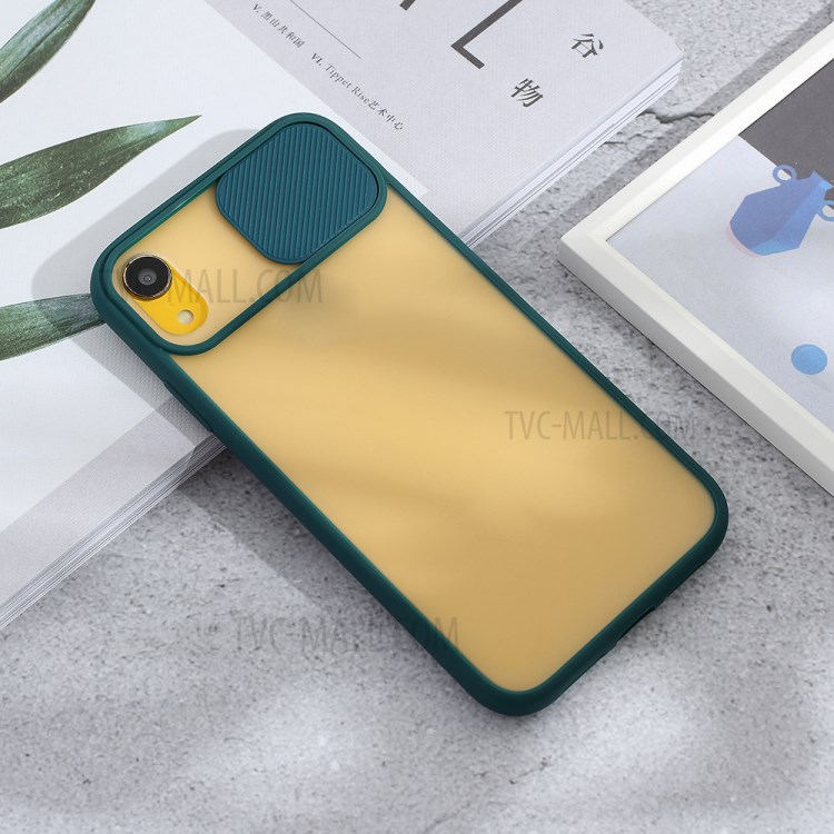 Caixa de Telefone Híbrido PC + TPU Fosco Com Tampa de Câmera Deslizante Para Iphone XR 6,1 Polegadas - Verde