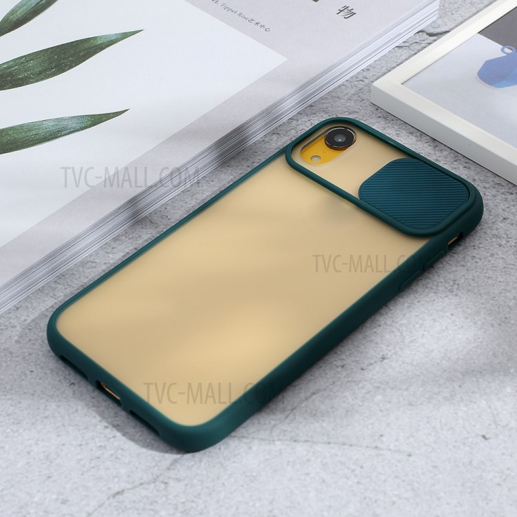 Caixa de Telefone Híbrido PC + TPU Fosco Com Tampa de Câmera Deslizante Para Iphone XR 6,1 Polegadas - Verde