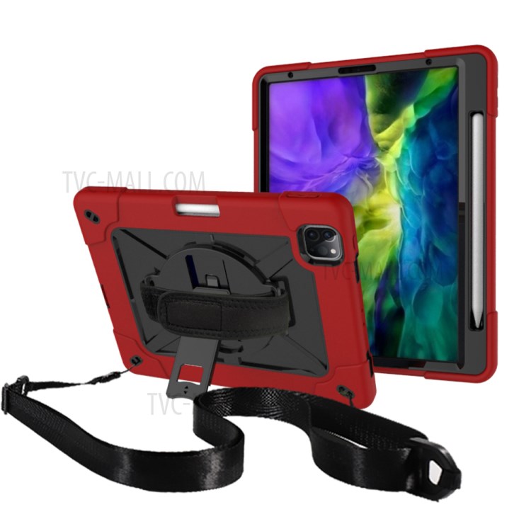 Kickstand Shock Proof Silicone + PC Hybrid Case with Shoulder Strap for iPad Pro 11-inch (2020)/(2018) - Red/Black-1