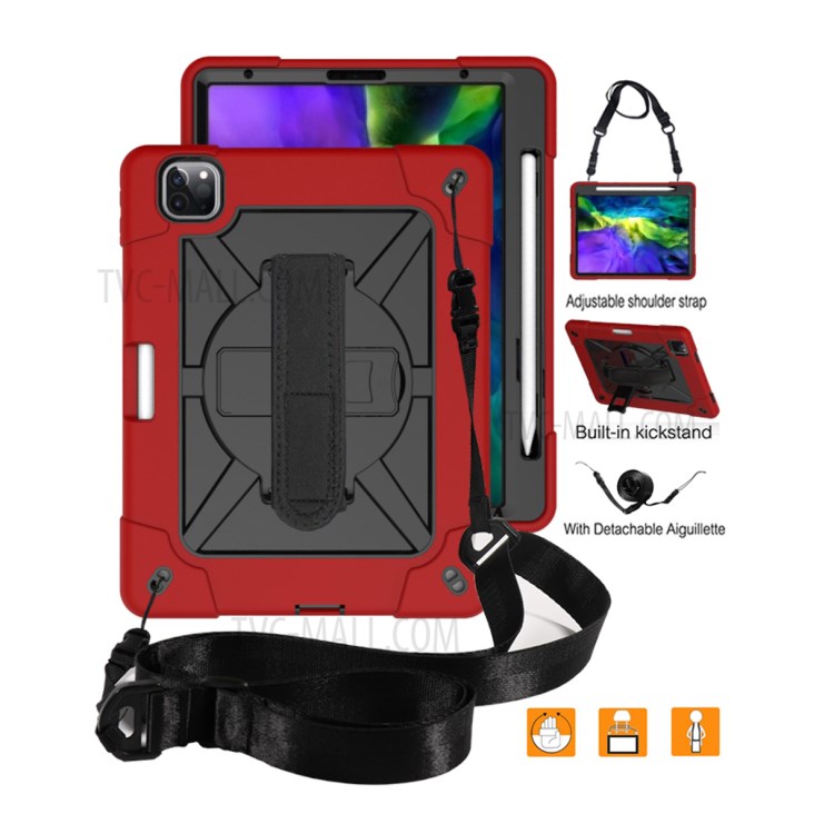 Kickstand Shock Proof Silicone + PC Hybrid Case with Shoulder Strap for iPad Pro 11-inch (2020)/(2018) - Red/Black-2