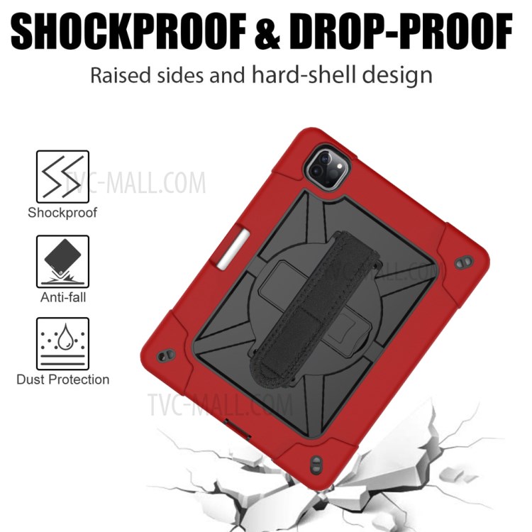 Kickstand Shock Proof Silicone + PC Hybrid Case with Shoulder Strap for iPad Pro 11-inch (2020)/(2018) - Red/Black-4