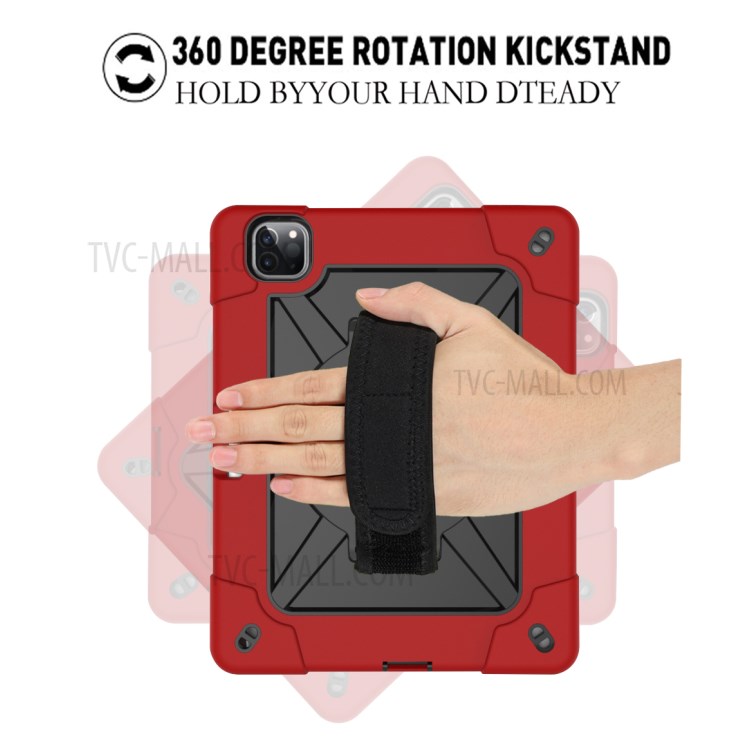 Kickstand Shock Proof Silicone + PC Hybrid Case with Shoulder Strap for iPad Pro 11-inch (2020)/(2018) - Red/Black-5