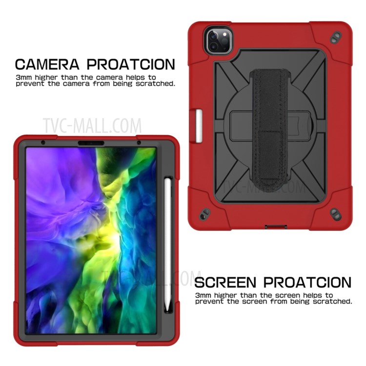Kickstand Shock Proof Silicone + PC Hybrid Case with Shoulder Strap for iPad Pro 11-inch (2020)/(2018) - Red/Black-6
