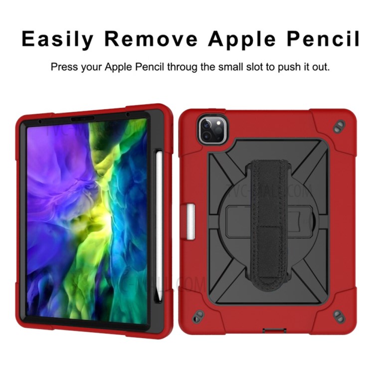 Kickstand Shock Proof Silicone + PC Hybrid Case with Shoulder Strap for iPad Pro 11-inch (2020)/(2018) - Red/Black-7