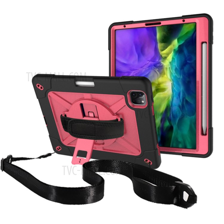 Kickstand Shock Proof Silicone + PC Hybrid Case with Shoulder Strap for iPad Pro 11-inch (2020)/(2018) - Black/Rose-1