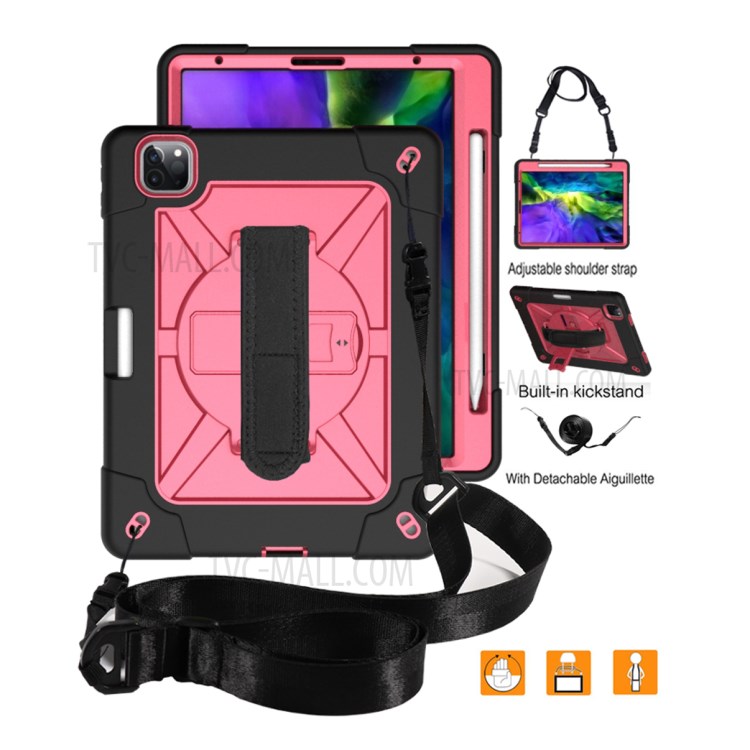 Kickstand Shock Proof Silicone + PC Hybrid Case with Shoulder Strap for iPad Pro 11-inch (2020)/(2018) - Black/Rose-2