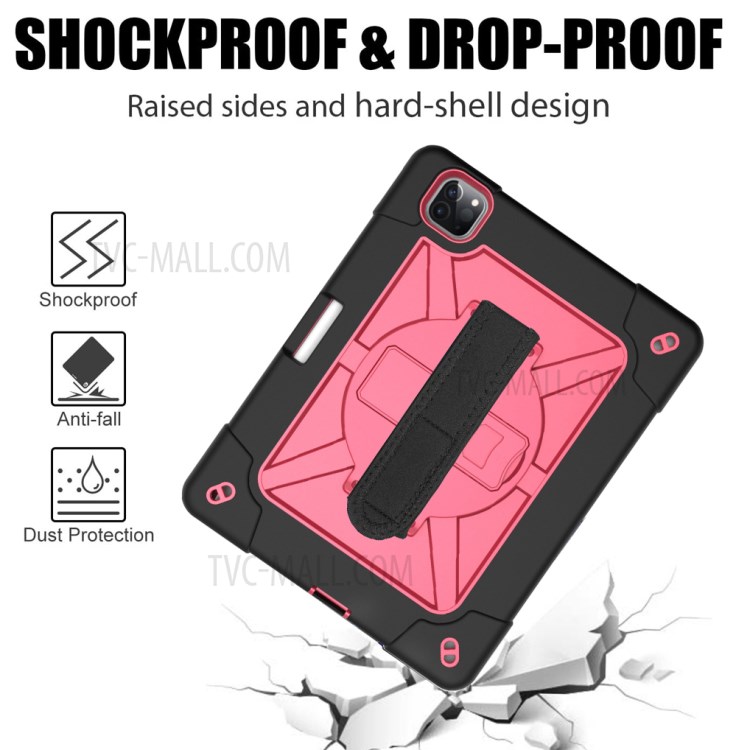 Kickstand Shock Proof Silicone + PC Hybrid Case with Shoulder Strap for iPad Pro 11-inch (2020)/(2018) - Black/Rose-4