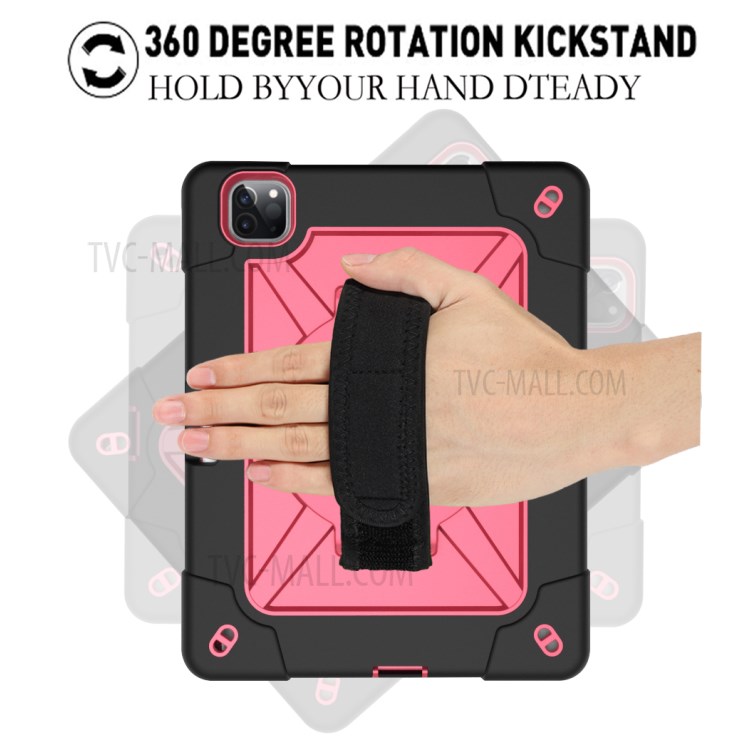 Kickstand Shock Proof Silicone + PC Hybrid Case with Shoulder Strap for iPad Pro 11-inch (2020)/(2018) - Black/Rose-5