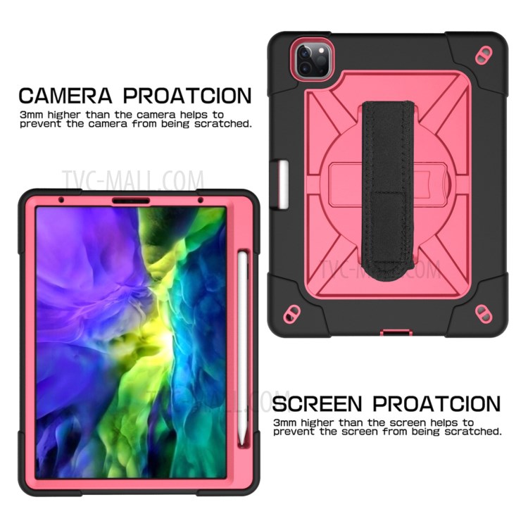 Kickstand Shock Proof Silicone + PC Hybrid Case with Shoulder Strap for iPad Pro 11-inch (2020)/(2018) - Black/Rose-6