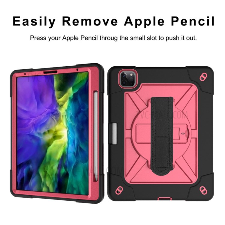 Kickstand Shock Proof Silicone + PC Hybrid Case with Shoulder Strap for iPad Pro 11-inch (2020)/(2018) - Black/Rose-7