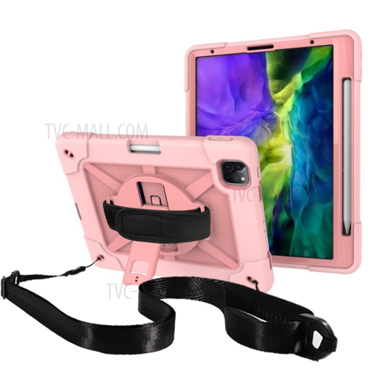 Kickstand Shock Proof Silicone + PC Hybrid Case with Shoulder Strap for iPad Pro 11-inch (2020)/(2018) - Rose Gold-1