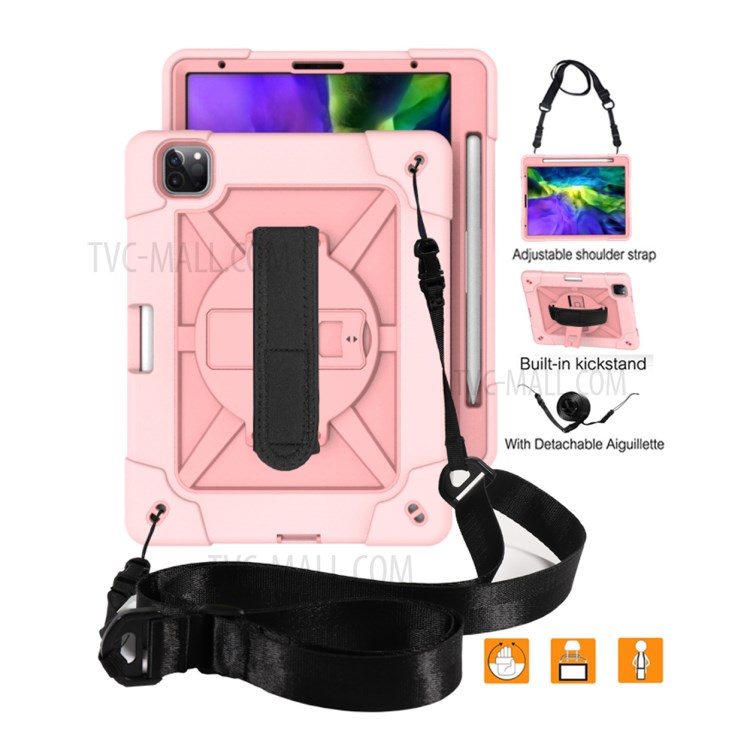 Kickstand Shock Proof Silicone + PC Hybrid Case with Shoulder Strap for iPad Pro 11-inch (2020)/(2018) - Rose Gold-2