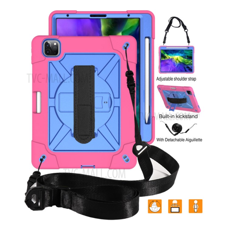 Kickstand Shock Proof Silicone + PC Hybrid Case with Shoulder Strap for iPad Pro 11-inch (2020)/(2018) - Rose/Blue-2