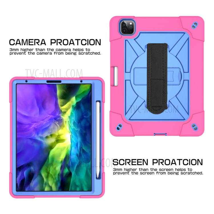 Kickstand Shock Proof Silicone + PC Hybrid Case with Shoulder Strap for iPad Pro 11-inch (2020)/(2018) - Rose/Blue-6