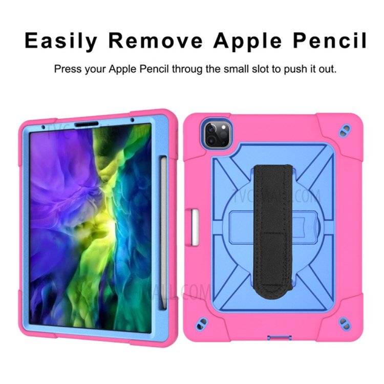 Kickstand Shock Proof Silicone + PC Hybrid Case with Shoulder Strap for iPad Pro 11-inch (2020)/(2018) - Rose/Blue-7