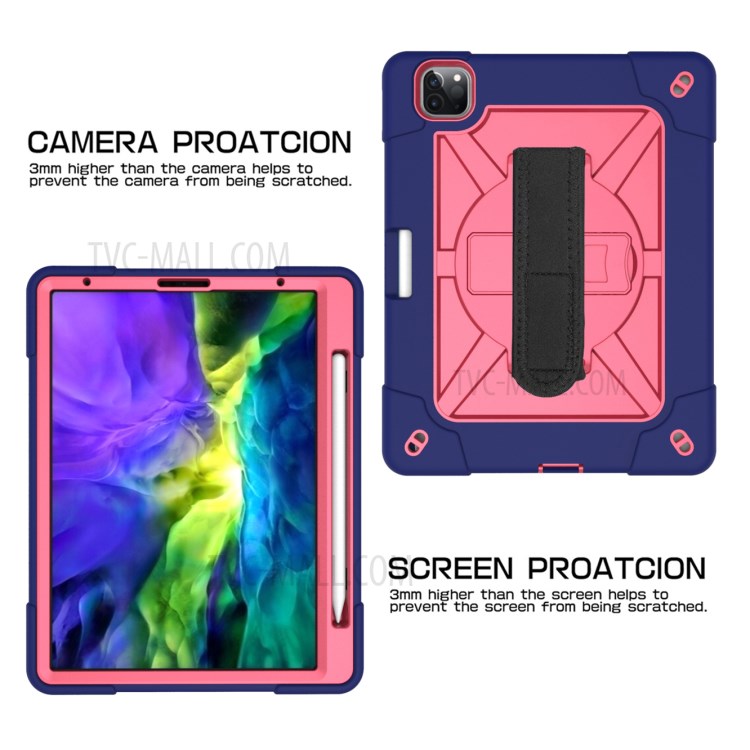 Kickstand Shock Proof Silicone + PC Hybrid Case with Shoulder Strap for iPad Pro 11-inch (2020)/(2018) - Navy Blue/Rose-6