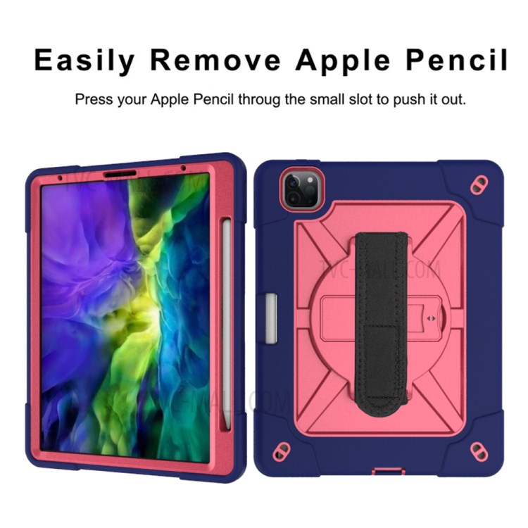 Kickstand Shock Proof Silicone + PC Hybrid Case with Shoulder Strap for iPad Pro 11-inch (2020)/(2018) - Navy Blue/Rose-7