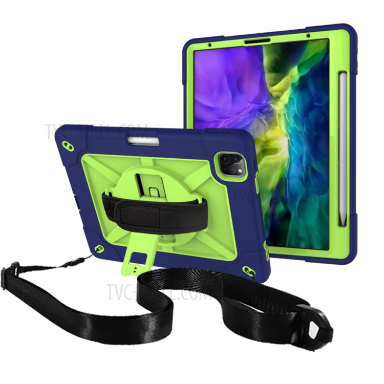 Kickstand Shock Proof Silicone + PC Hybrid Case with Shoulder Strap for iPad Pro 11-inch (2020)/(2018) - Navy Blue/Cyan-1