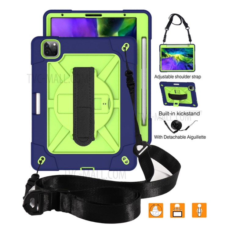 Kickstand Shock Proof Silicone + PC Hybrid Case with Shoulder Strap for iPad Pro 11-inch (2020)/(2018) - Navy Blue/Cyan-2