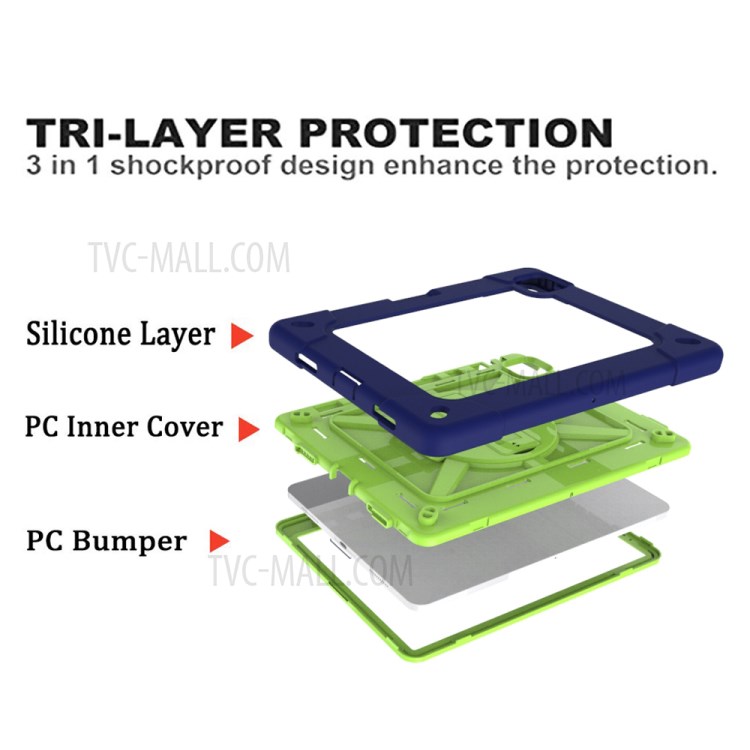 Kickstand Shock Proof Silicone + PC Hybrid Case with Shoulder Strap for iPad Pro 11-inch (2020)/(2018) - Navy Blue/Cyan-3