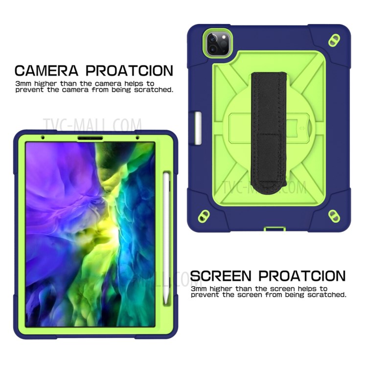 Kickstand Shock Proof Silicone + PC Hybrid Case with Shoulder Strap for iPad Pro 11-inch (2020)/(2018) - Navy Blue/Cyan-6