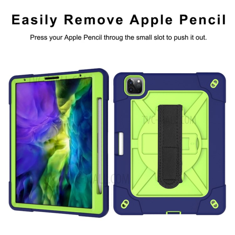 Kickstand Shock Proof Silicone + PC Hybrid Case with Shoulder Strap for iPad Pro 11-inch (2020)/(2018) - Navy Blue/Cyan-7