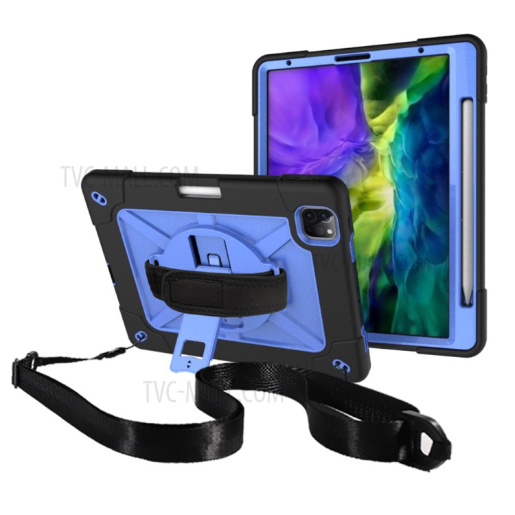 Kickstand Shock Proof Silicone + PC Hybrid Case with Shoulder Strap for iPad Pro 11-inch (2020)/(2018) - Black/Blue-1